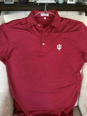Peter Millar Red and White Striped Polo with IU Logo